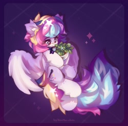 Size: 2048x2027 | Tagged: safe, artist:vanilla-chan, derpibooru import, oc, oc only, pegasus, pony, abstract background, choker, ear fluff, ears, female, fetlock tuft, flying, mare, potted plant, solo