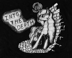 Size: 4188x3364 | Tagged: safe, artist:enteryourponyname, derpibooru import, princess celestia, alicorn, pony, fanfic:into the depths, g4, black and white, bleeding, blood, brick wall, darkness, folded wings, grayscale, injured, leaning, leaning on wall, light spell, magic, monochrome, scared, solo, text, traditional art, wall, wings