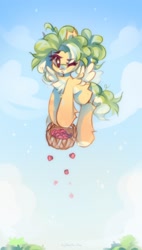 Size: 1164x2048 | Tagged: safe, artist:vanilla-chan, derpibooru import, oc, oc only, pegasus, pony, basket, berry, chest fluff, female, fetlock tuft, flying, food, mare, one eye closed, solo