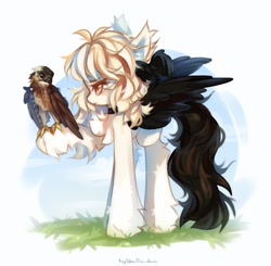 Size: 2048x2007 | Tagged: safe, artist:vanilla-chan, derpibooru import, oc, oc only, bird, pegasus, pony, chest fluff, commission, ear tufts, falcon, female, head wings, mare, solo, unshorn fetlocks, wings