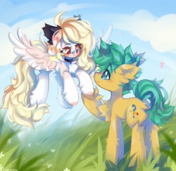 Size: 2048x1989 | Tagged: safe, artist:vanilla-chan, derpibooru import, oc, oc only, earth pony, pegasus, pony, blushing, butt fluff, chest fluff, choker, duo, duo male and female, ear fluff, ears, female, fetlock tuft, flying, holding hooves, looking at each other, looking at someone, male, mare, oc x oc, shipping