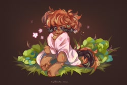 Size: 2048x1365 | Tagged: safe, artist:vanilla-chan, derpibooru import, oc, oc only, earth pony, pony, blanket, brown background, chest fluff, ear fluff, ears, female, mare, simple background, sitting, unshorn fetlocks