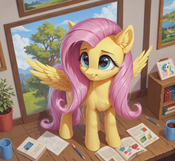 Size: 1112x1024 | Tagged: safe, ai content, derpibooru import, generator:pony diffusion v6 xl, generator:stable diffusion, machine learning generated, fluttershy, pegasus, g4, anonymous prompter, book, bookshelf, chest fluff, coffee mug, cute, ear fluff, ears, female, head turn, mare, mug, painting, pencil, plant, plant pot, shyabetes, smiling, solo, spread wings, standing, wings