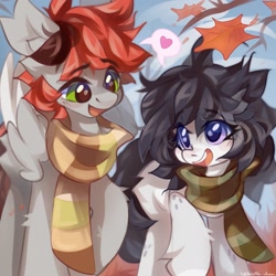 Size: 2048x2048 | Tagged: safe, artist:vanilla-chan, derpibooru import, oc, oc only, earth pony, pegasus, pony, autumn, autumn leaves, clothes, duo, duo male and female, ear fluff, ears, female, leaves, looking at each other, looking at someone, male, oc x oc, scarf, shipping, speech bubble, straight, striped scarf