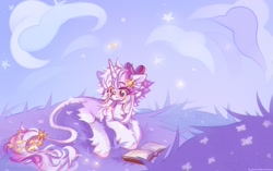 Size: 2048x1288 | Tagged: safe, artist:vanilla-chan, derpibooru import, oc, oc only, pony, unicorn, book, bowtie, butt fluff, chest fluff, ear piercing, earring, female, glasses, horn, jewelry, lying down, mare, piercing, prone, solo, tail, tail jewelry, unshorn fetlocks