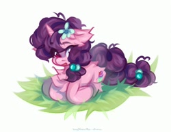 Size: 2200x1700 | Tagged: safe, artist:vanilla-chan, derpibooru import, sugar belle, pony, unicorn, g4, butt fluff, chest fluff, female, flower, flower in hair, horn, lying down, mare, prone, solo