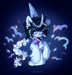 Size: 1967x2048 | Tagged: safe, artist:vanilla-chan, derpibooru import, oc, oc only, pony, unicorn, abstract background, braid, chest fluff, female, fetlock tuft, hat, hennin, horn, jewelry, mare, peytral, starry eyes, wingding eyes