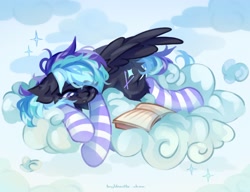 Size: 2048x1574 | Tagged: safe, artist:vanilla-chan, derpibooru import, oc, oc only, pegasus, pony, book, clothes, cloud, ear fluff, ears, eyebrows, eyebrows visible through hair, female, lying down, mare, on a cloud, one eye closed, prone, socks, striped socks