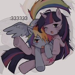 Size: 1440x1440 | Tagged: safe, artist:al3xiwy, derpibooru import, rainbow dash, twilight sparkle, unicorn twilight, pegasus, pony, unicorn, g4, :3, duo, duo female, fangs, female, gray background, horn, lesbian, lying down, mare, one eye closed, one wing out, open mouth, shipping, simple background, twidash, wings