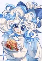 Size: 1486x2160 | Tagged: safe, artist:vanilla-chan, derpibooru import, oc, oc only, pegasus, pony, abstract background, bow, chest fluff, ear fluff, ears, female, food, hair bow, mare, pancakes, plate, solo