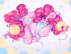Size: 2048x1574 | Tagged: safe, artist:vanilla-chan, derpibooru import, pinkie pie, earth pony, pony, g4, balloon, butt fluff, ear fluff, ears, eyebrows, eyebrows visible through hair, female, fetlock tuft, mare, one eye closed, solo, that pony sure does love balloons, wink