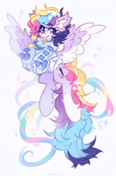 Size: 1428x2160 | Tagged: safe, artist:vanilla-chan, derpibooru import, oc, oc only, oc:starbright flow, pegasus, pony, abstract background, bell, bell collar, butt fluff, clothes, collar, colored wings, eyebrows, eyebrows visible through hair, female, flying, hoodie, mare, solo, spread wings, wings