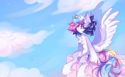 Size: 2048x1260 | Tagged: safe, artist:vanilla-chan, derpibooru import, oc, oc only, oc:starbright flow, pegasus, pony, chest fluff, cloud, colored wings, crying, ear fluff, ears, female, fetlock tuft, mare, sitting, sky, spread wings, wings