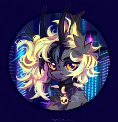 Size: 1987x2048 | Tagged: safe, artist:vanilla-chan, derpibooru import, oc, oc only, pony, chest fluff, city, collar, commission, cyberpunk, ear fluff, ear tufts, ears, horns, solo, spiked collar