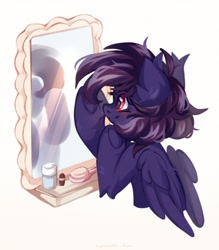 Size: 1843x2100 | Tagged: safe, artist:vanilla-chan, derpibooru import, oc, oc only, oc:pestyskillengton, pegasus, pony, blushing, brush, commission, hairbrush, mirror, simple background, solo, white background