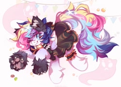 Size: 1280x928 | Tagged: safe, artist:vanilla-chan, derpibooru import, oc, oc only, oc:starbright flow, pegasus, pony, abstract background, animal costume, bell, bell collar, clothes, collar, costume, dress, ear fluff, ears, fangs, female, fetlock tuft, halloween, halloween costume, mare, paws, wolf costume