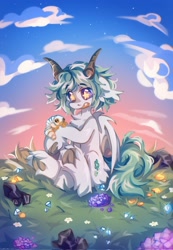 Size: 1418x2048 | Tagged: safe, artist:vanilla-chan, derpibooru import, oc, oc only, bat pony, lizard, pony, butt fluff, chest fluff, ear fluff, ear tufts, ears, fangs, female, gem, horns, mare, sitting, solo, starry eyes, unshorn fetlocks, wingding eyes