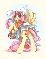 Size: 834x1080 | Tagged: safe, artist:vanilla-chan, derpibooru import, fluttershy, pegasus, pony, g4, abstract background, basket, bipedal, blushing, braid, bunny ears, butt, clothes, dress, easter, easter basket, easter egg, featureless crotch, female, fetlock tuft, looking at you, looking back, looking back at you, mare, plot, rear view, solo, spread wings, wings