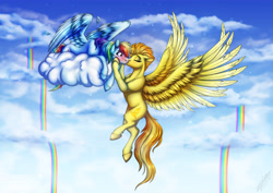 Size: 4961x3508 | Tagged: safe, artist:lupiarts, derpibooru import, rainbow dash, spitfire, pegasus, pony, g4, cloud, duo, female, kissing, lesbian, on a cloud, shipping, spitdash, surprise kiss