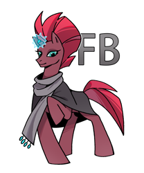 Size: 1500x1800 | Tagged: safe, artist:shedu256, derpibooru import, tempest shadow, pony, unicorn, g4, cape, clothes, female, horn, magic, mare, scarf, simple background, solo, text, white background