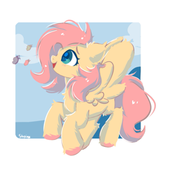 Size: 801x792 | Tagged: safe, artist:skylinepony_, derpibooru import, fluttershy, butterfly, pegasus, pony, g4, cloud, cute, female, fluffy, open mouth, simple background, sky, sky background, solo, spread wings, white background, wide eyes, wings