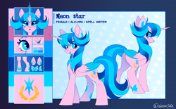 Size: 5500x3400 | Tagged: safe, artist:neonishe, derpibooru import, oc, oc only, oc:neon star, alicorn, pony, alicorn oc, concave belly, cute, horn, long horn, reference, reference sheet, slender, solo, thin, wings