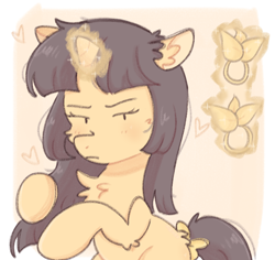 Size: 1452x1373 | Tagged: safe, artist:mikako, derpibooru import, oc, oc only, pony, unicorn, asian, asian pony, bangs, black mane, blushing, bow, chest fluff, hair bow, hair tie, horn, magic, solo, tsundere, unicorn oc, yellow coat