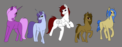 Size: 2281x886 | Tagged: safe, derpibooru import, oc, oc only, earth pony, pegasus, pony, unicorn, gray background, horn, pony town, simple background