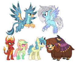 Size: 988x809 | Tagged: safe, artist:primrosepaper, derpibooru import, gallus, ocellus, sandbar, silverstream, smolder, yona, changedling, changeling, classical hippogriff, dragon, earth pony, griffon, hippogriff, pony, yak, g4, alternate color palette, alternate design, alternate hairstyle, blaze (coat marking), bow, coat markings, colored wings, facial markings, female, flying, gradient wings, hair bow, jewelry, male, monkey swings, necklace, open mouth, open smile, simple background, smiling, socks (coat marking), student six, tongue, tongue out, transparent background, transparent mane, wings