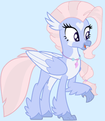 Size: 1024x1181 | Tagged: safe, artist:savygriffs, derpibooru import, oc, oc only, classical hippogriff, hippogriff, g4, base used, blue background, coat markings, female, hairband, heart, heart mark, hippogriff oc, jewelry, light blue background, necklace, open mouth, simple background, solo, unnamed oc