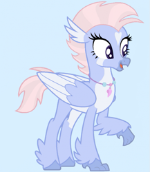 Size: 651x750 | Tagged: safe, alternate version, artist:savygriffs, artist:sharpwit, derpibooru import, edit, oc, oc only, classical hippogriff, hippogriff, g4, alternate hairstyle, base used, blue background, coat markings, female, heart, heart mark, hippogriff oc, jewelry, light blue background, necklace, not silverstream, open mouth, short mane, short tail, simple background, solo, tail, unnamed oc