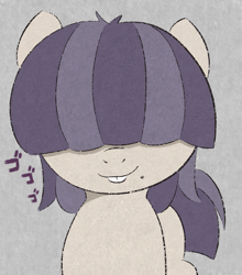 Size: 835x948 | Tagged: safe, artist:castafae, derpibooru import, oc, oc only, oc:dot matrix, earth pony, pony, bucktooth, female, gray background, hair over eyes, mare, menacing, simple background, smiling, solo