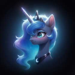 Size: 1328x1328 | Tagged: safe, ai content, derpibooru import, generator:stable diffusion, machine learning generated, princess luna, alicorn, pony, g4, blurry background, blushing, bust, eyelashes, female, generator:bluefox mix, glowing, glowing horn, glowing mane, gradient background, happy, horn, jewelry, mare, portrait, prompter:adorablebluefox, regalia, side view, smiling, solo, tiara, vignette