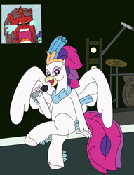 Size: 2154x2819 | Tagged: safe, artist:supahdonarudo, derpibooru import, queen novo, oc, oc:ironyoshi, oc:sea lilly, classical hippogriff, hippogriff, unicorn, bereal., crossed legs, crying, drums, horn, meme, microphone, musical instrument, screaming fan meme, singing, stage