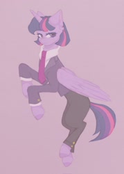 Size: 1464x2048 | Tagged: safe, artist:engelsschwarz, derpibooru import, twilight sparkle, twilight sparkle (alicorn), alicorn, pony, g4, alternate hairstyle, business suit, clothes, female, mare, necktie, pants, purple background, shirt, simple background, solo, suit, unshorn fetlocks