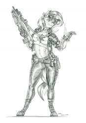 Size: 1000x1425 | Tagged: safe, artist:baron engel, derpibooru import, sunset shimmer, anthro, unguligrade anthro, unicorn, g4, female, gun, horn, mare, monochrome, pencil drawing, robotic arm, simple background, solo, traditional art, weapon, white background