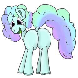 Size: 1500x1500 | Tagged: safe, derpibooru exclusive, derpibooru import, oc, oc only, oc:kristal (crystaline), earth pony, pony, butt, green tongue, happy, looking at you, looking back, looking back at you, plot, rear view, simple background, smiling, smiling at you, solo, transparent background