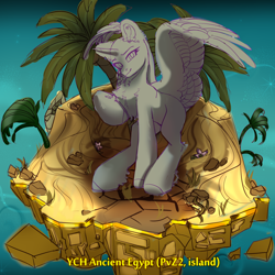 Size: 2500x2500 | Tagged: safe, artist:medkit, derpibooru import, oc, alicorn, pony, advertisement, ancient egypt, any gender, any race, any species, auction, auction open, chest fluff, coconut, colored sketch, commission, cracks, ear cleavage, ear fluff, ears, feathered wings, flower, gold, grass, heart shaped, high res, hoof fluff, island, looking at you, ocean, palm tree, partially open wings, plants vs zombies 2: it's about time, raised hoof, raised leg, rock, ruins, sale, sand, shoulder fluff, sketch, smiling, solo, space, standing, stars, sternocleidomastoid, tree, water, wings, your character here