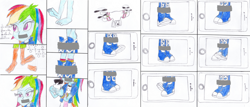 Size: 4000x1704 | Tagged: safe, derpibooru import, rainbow dash, scootaloo, human, equestria girls, g4, abuse, barefoot, boots, clothes, drawing, feet, foot tapping, gag, high heel boots, jacket, phone, rainbow dash's boots, shirt, shoes, skirt, socks, tape, tape gag, tapping, vest