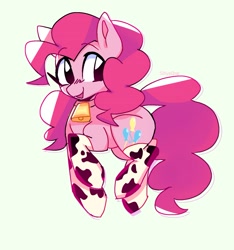 Size: 1503x1603 | Tagged: safe, artist:sillyp0ne, derpibooru import, pinkie pie, earth pony, pony, g4, bell, big eyes, clothes, colored, colored pinnae, cow socks, cowbell, curly hair, curly mane, curly tail, cute, diapinkes, eyebrows, eyebrows visible through hair, eyelashes, female, flat colors, in air, long socks, looking back, mare, open mouth, open smile, pink coat, pink mane, pink tail, ponies in socks, simple background, smiling, socks, solo, stockings, tail, thigh highs, white background, wingding eyes