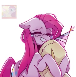 Size: 1503x1517 | Tagged: safe, artist:sillyp0ne, derpibooru import, screencap, madame leflour, pinkie pie, earth pony, pony, g4, party of one, blushing, colored, crying, desaturated, ears, ears back, eyelashes, eyes closed, female, flat colors, floppy ears, flour sack, hat, hug, long mane, long tail, mare, party hat, pink coat, pink mane, pink tail, pinkamena diane pie, scene interpretation, simple background, smiling, solo, straight mane, straight tail, tail, white background