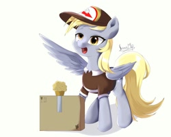 Size: 1250x1000 | Tagged: safe, artist:jxxnxmlp, derpibooru import, derpy hooves, pegasus, pony, g4, cap, clothes, delivery pony, derp, female, food, hat, mailmare, mare, muffin, open mouth, open smile, package, signature, simple background, smiling, solo, spread wings, white background, wings