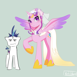 Size: 2988x2988 | Tagged: safe, artist:keshkolours, derpibooru import, princess cadance, shining armor, alicorn, unicorn, clothes, dress, duo, female, horn, male, mare, meme, shiningcadance, shipping, simple background, size difference, stallion, straight, the bride and the ugly ass groom, toy interpretation, wedding dress