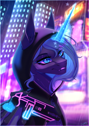 Size: 2760x3920 | Tagged: safe, artist:honeybbear, derpibooru import, princess luna, pony, bust, clothes, hoodie, portrait, s1 luna, solo