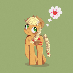 Size: 2048x2048 | Tagged: safe, artist:keshkolours, derpibooru import, applejack, earth pony, pony, apple, braid, braided ponytail, braided tail, cute, female, food, freckles, green background, heart, jackabetes, mare, ponytail, redesign, signature, simple background, smiling, solo, tail, that pony sure does love apples, thought bubble