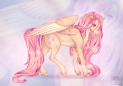 Size: 2388x1668 | Tagged: safe, artist:cossmicmin, derpibooru import, fluttershy, pegasus, pony, butt, female, flower petals, long mane, mare, plot, signature, solo, speedpaint available, unshorn fetlocks