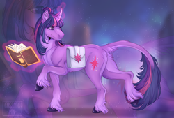 Size: 1280x863 | Tagged: safe, artist:cossmicmin, derpibooru import, twilight sparkle, unicorn twilight, classical unicorn, pony, unicorn, bag, bipedal, book, cloven hooves, female, glowing, glowing horn, head turn, horn, leonine tail, mare, saddle bag, smiling, solo, unshorn fetlocks, zoom layer