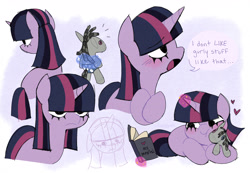 Size: 3179x2205 | Tagged: safe, artist:syrupyyy, derpibooru import, smarty pants, twilight sparkle, unicorn twilight, pony, unicorn, blushing, book, cuddling, cute, dialogue, emo, female, filly, filly twilight sparkle, floating heart, foal, heart, high res, implied shining armor, it's not a phase, levitation, magic, magic aura, my immortal, offscreen character, reading, solo, speech bubble, telekinesis, twiabetes, younger