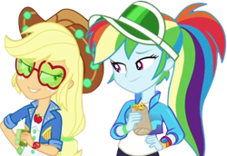 Size: 3666x2520 | Tagged: safe, artist:mrtoonlover83, derpibooru import, edit, edited screencap, screencap, applejack, rainbow dash, human, equestria girls, g4, background removed, cap, clothes, equestria girls specials, eyebrows, female, geode of super speed, geode of super strength, glasses, hat, lidded eyes, magical geodes, my little pony equestria girls: sunset's backstage pass, not a vector, raised eyebrow, smiling, sunglasses, vest