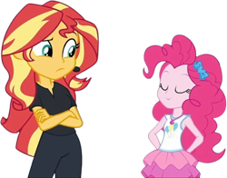 Size: 3216x2520 | Tagged: safe, artist:mrtoonlover83, derpibooru import, edit, edited screencap, screencap, pinkie pie, sunset shimmer, human, equestria girls, g4, arm behind back, background removed, crossed arms, duo, eyes closed, female, not a vector
